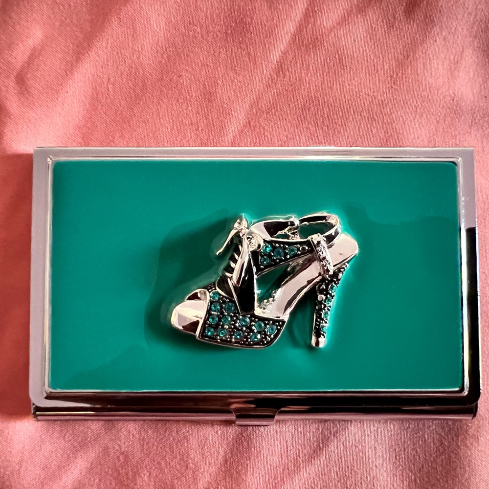 Spring Street Silver Tone Business Card Holder With Faux Rhinestone Shoe